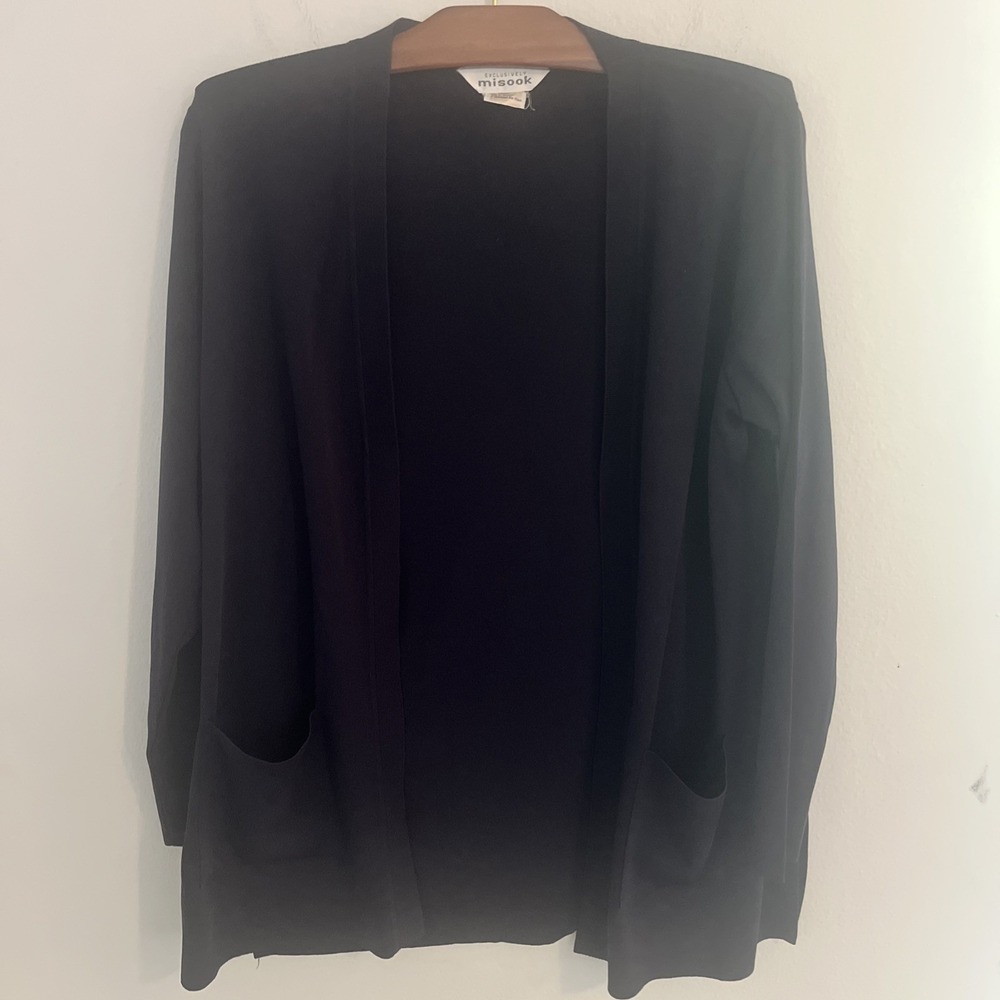 Exclusively Misook Navy Classic Cardigan Open Front Designer Size S